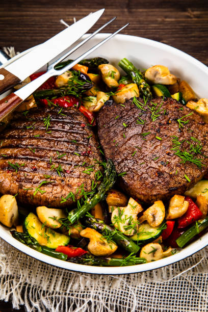 istock Grilled beef steak and vegetables in pan 1165473979