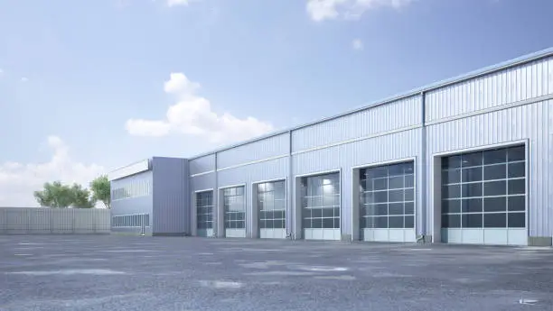 Photo of Hangar exterior with rolling gates. 3d illustration