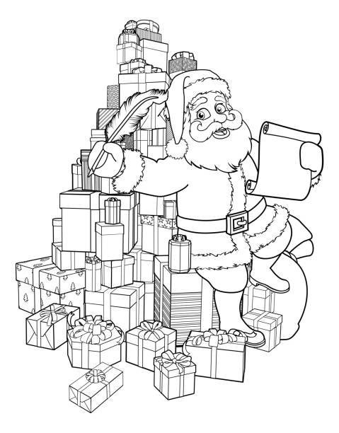 Santa Claus Checking Christmas Gift List Cartoon Santa Claus checking Christmas naughty or nice gift list or writing letter to child cartoon scene coloring outline illustration clip art of scroll quill stock illustrations