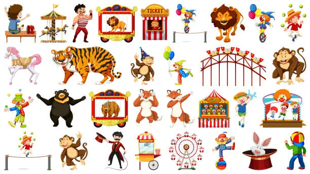 Vector illustration of Huge circus collection with mixed animals, people, clowns and rides