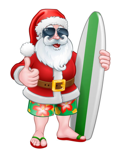 ilustrações, clipart, desenhos animados e ícones de santa fresca com prancha e desenhos animados das máscaras - beach sunlight surfboard santa claus