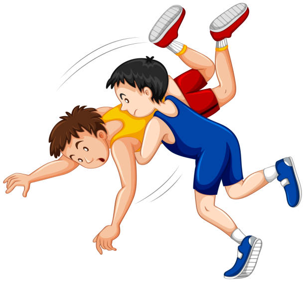 Two boys fighting judo wrestling on sport competition Two boys fighting judo wrestling on sport competition illustration wrestling stock illustrations