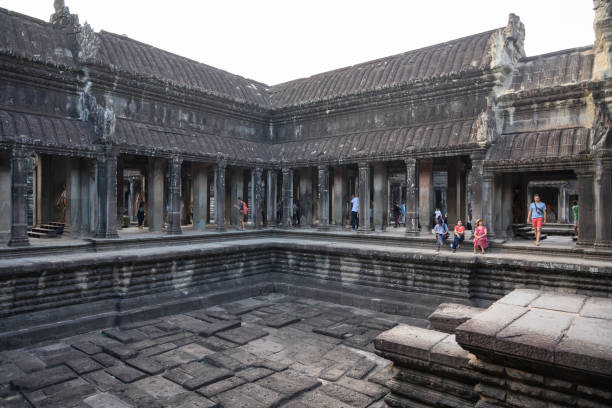 People visiting and walking inside of the Angkor Wat temple in Siem Reap, Cambodia.