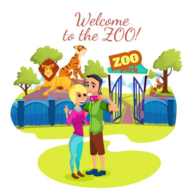 動物公園の入り口でセルフを作るカップル - friendship cartoon monkey men点のイラスト素材／クリップアート素材／マンガ素材／アイコン素材