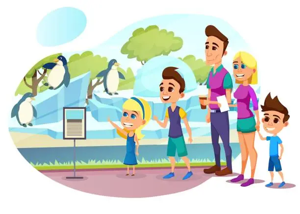 Vector illustration of Happy Family of Mother, Father and Kids in Zoo