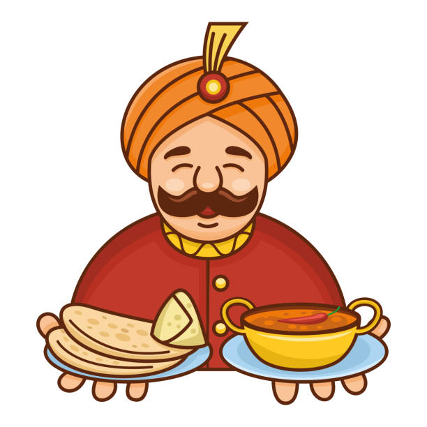 Cute cartoon Indian chef serving curry, roti and samosa, Vector Illustration eps 10 cartoon of rich man stock illustrations