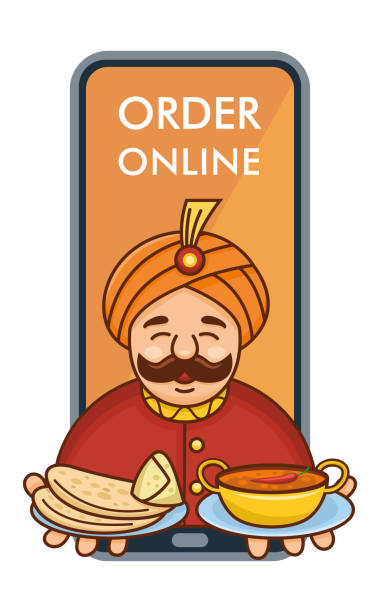 Cute Cartoon Indian Chef Serving Curry Roti And Samosa Coming Out Of Mobile  Phone Vector Illustration Stock Illustration - Download Image Now - iStock