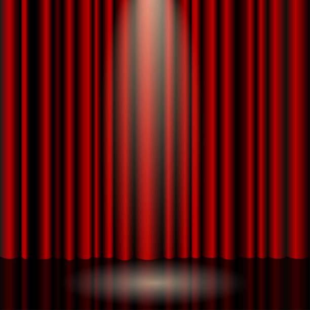 istock Theater red curtain with spot lighting. Vector background concert. 1165482935
