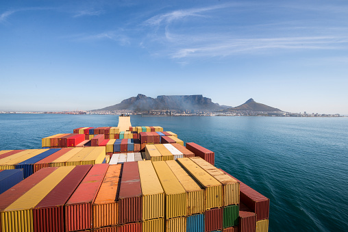 Standing on bridge deck of an container ship departing Cape Town looking back at the city
