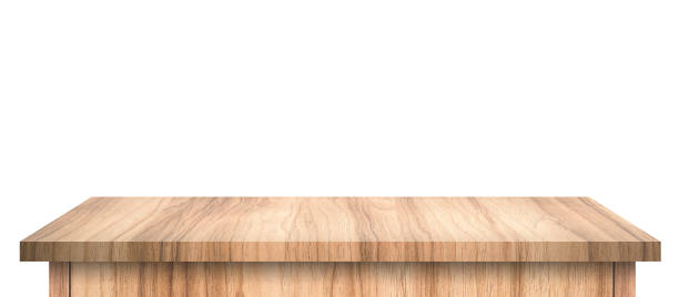 istock Empty Wood table with abstract pattern isolated on pure white background. Wooden desk and shelf display board with perspective floor. ( Clipping path ) 1165486229
