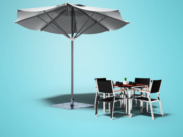 istock Concept cafe. Beach umbrella and table with chairs 3d render on blue background with shadow 1165486930