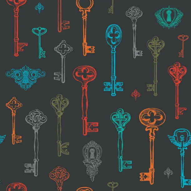 Vector illustration of seamless pattern with vintage keys and keyholes