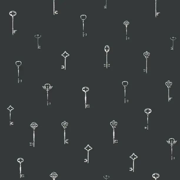 Vector illustration of seamless pattern with hand drawn vintage keys
