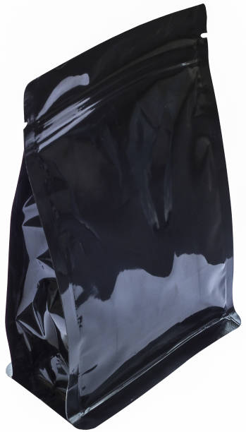 istock matt black plastic flat square bottom coffee pouch  with zipper  filled with coffee beans on white background side view 1165489678