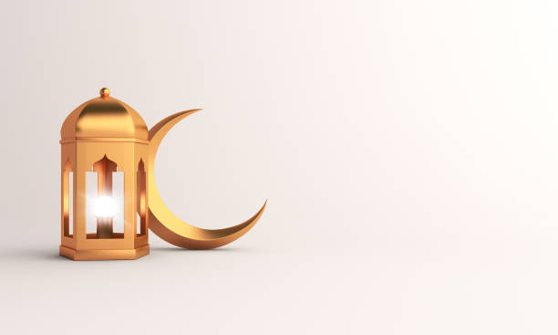 Gold crescent moon and arabic lantern on white background studio lighting.