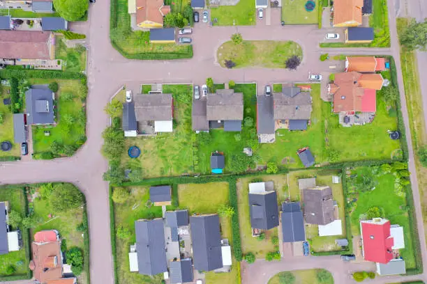A small community of villas and gardens in Karlstad,Sweden, seen from above.