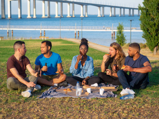 istock Front view of smiling friends having picnic in park. 1165491129