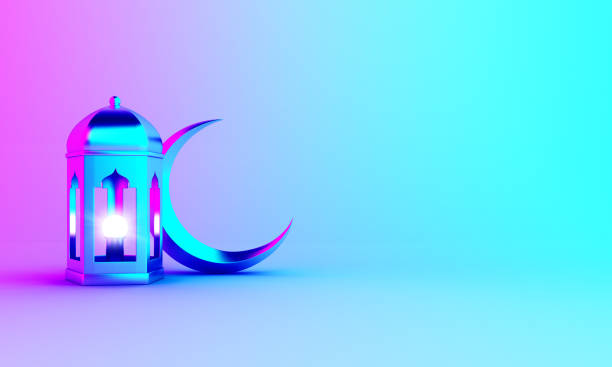 istock Crescent moon and arabic lantern on pink blue gradient background. 1165491863