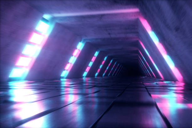 istock Flying in futuristic tunnel with fluorescent ultraviolet lights. Sci-fi interior corridor. Modern neon blue purple light spectrum. 3D illustration 1165491882