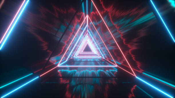 istock Flying through glowing neon triangles creating a tunnel with grunge reflection, blue red spectrum, fluorescent ultraviolet light, modern colorful lighting, 3d illustration 1165491949