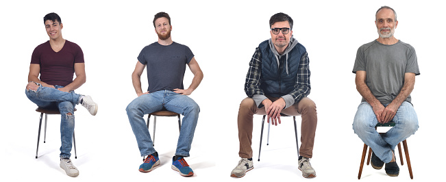 group of man sitting on chair on white background