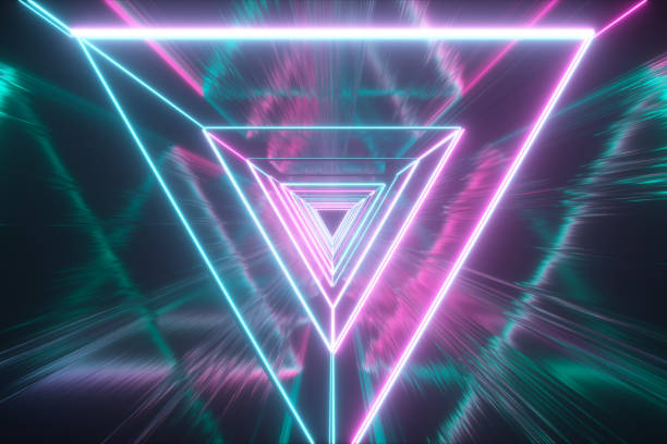 istock Flying through glowing neon triangles creating a tunnel with grunge reflection, fluorescent ultraviolet light, modern colorful lighting, 3d illustration 1165491991