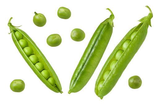 Pea isolated. Set of green fresh raw peas open pod with beans isolated on white background