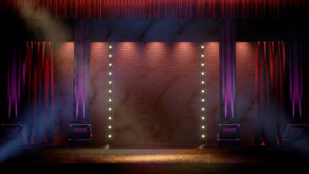 escenario vacío oscuro con luces puntuales. comedia, standup, cabaret, night club stage 3d render - cabaret fotografías e imágenes de stock