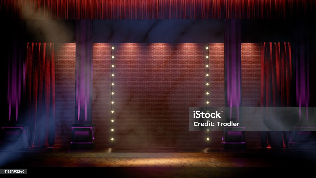 Dark empty stage with spot lights. Comedy, Standup, cabaret, night club stage 3d render Dark empty stage with spot lights. Comedy, Standup, cabaret, night club stage 3d render. Stage - Performance Space Stock Photo