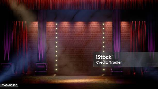 Dark Empty Stage With Spot Lights Comedy Standup Cabaret Night Club Stage 3d Render Stock Photo - Download Image Now