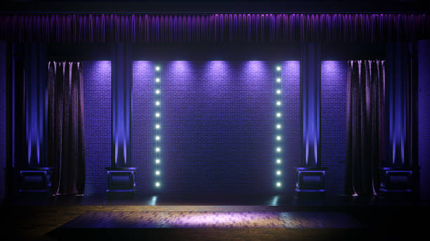 istock Dark empty stage with spot lights. Comedy, Standup, cabaret, night club stage 3d render 1165493243