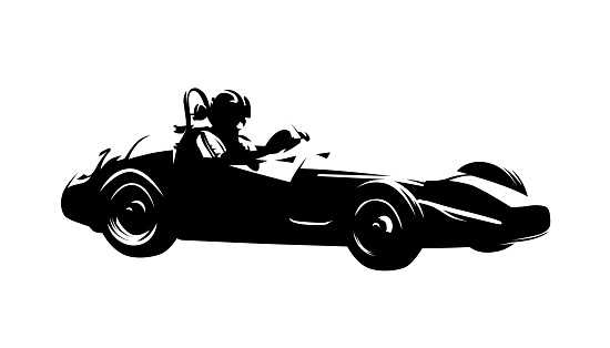 Retro racing car, isolated vector ink drawing. Side view formula silhouette