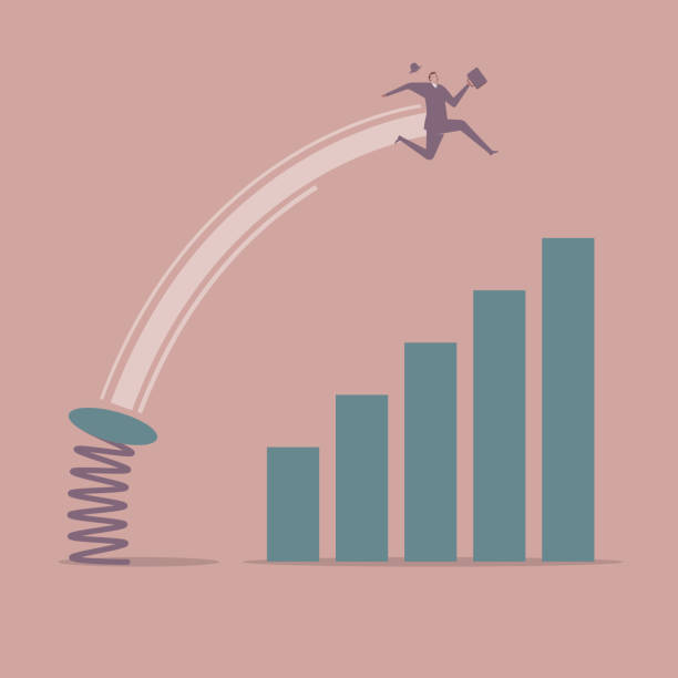 бизнесмен пересек график с помощью весеннего трамплина. - gear tall solution people stock illustrations