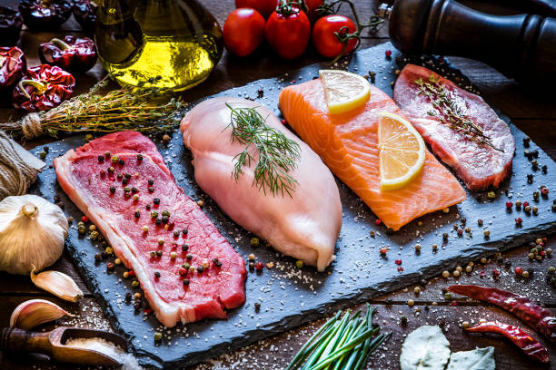 different types of animal protein - carne talho imagens e fotografias de stock