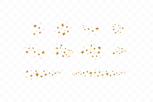Set of golden falling stars. Cloud of golden stars isolated on transparent background. Vector illustration. Meteoroid, comet, asteroid, stars.