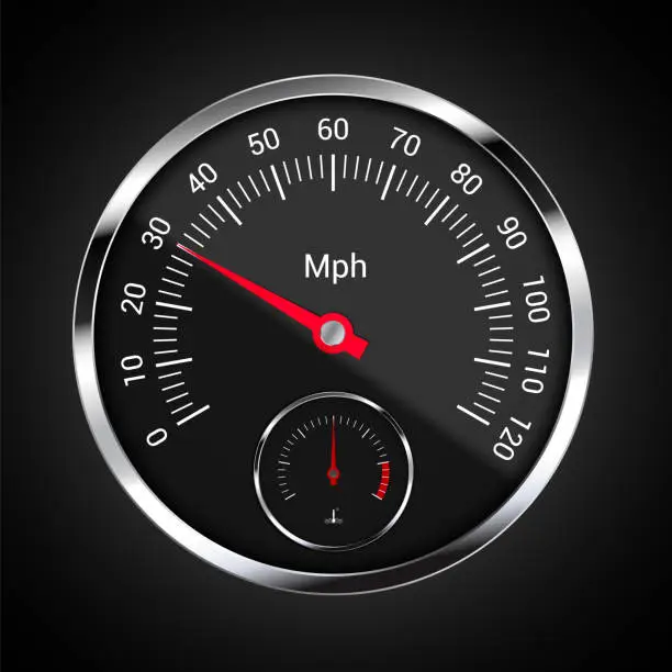 Vector illustration of Realistic illustration of speedometer on dark car dashboard with mileage indicator per hour and engine temperature - vector