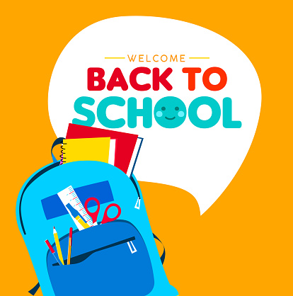 Back to school greeting card, colorful kid backpack illustration. Student bag with class supplies and happy typography quote.