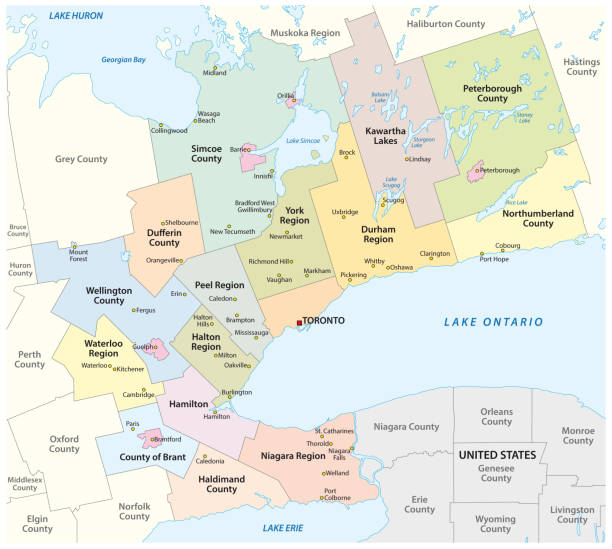 ilustrações, clipart, desenhos animados e ícones de mapa da área metropolitana de ferradura dourada em torno da extremidade ocidental do lago ontário, ontário, canadá - ontario