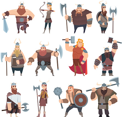 istock Viking cartoon. Scandinavian mythologyy characters norway costume vikings warrior male and female vector illustrations 1165506346