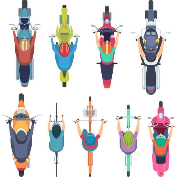 ilustraciones, imágenes clip art, dibujos animados e iconos de stock de vista superior de la bicicleta. personas que conducen en bicicleta en los jinetes de casco ciclomotor e ciclo de tráfico vectores ilustraciones - motorcycle isolated speed motorcycle racing