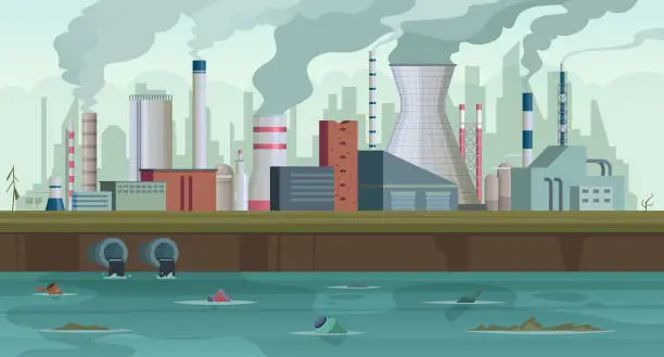 Vector illustration of Dirty factory. Trash and smoke from urban factory production river pollution city smog in sky concept background