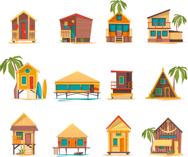 illustrazioni stock, clip art, cartoni animati e icone di tendenza di case sulla spiaggia. edifici divertenti per vacanze estive cabine bungalow tropicali e costruzioni vettore - hut
