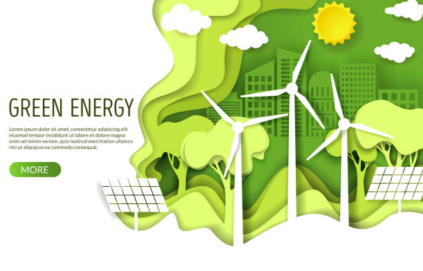 zielona energia web banner szablon, wektor papieru wyciąć ilustrację - factory environment city environmental conservation stock illustrations