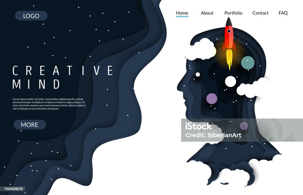Creative mind vector website landing page design template Creative mind vector website template, web page and landing page design for website and mobile site development. Paper cut human head silhouette with night starry sky, rocket and planets. Creativity stock vector