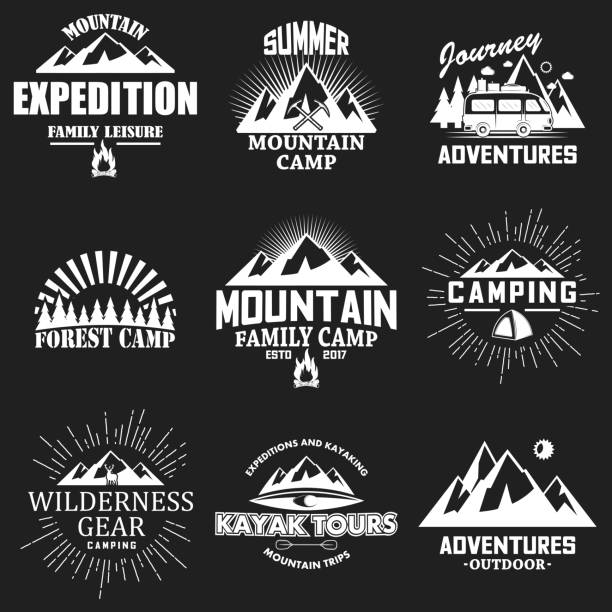 Vector set of vintage outdoor adventure labels, badges and symbols Vector set of camping, outdoor adventure, mountain expedition, kayak tours, forest camp vintage white symbols, emblems, labels and badges on black background. fire alphabet letter t stock illustrations