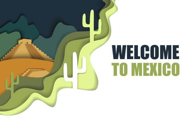 добро пожаловать в мексику плакат, вектор бумаги сократить иллюстрации - welcome center stock illustrations