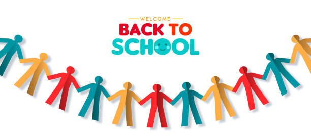 Back to school banner of papercut children garland Welcome back to school web banner illustration of papercut children group garland. Colorful diverse kid community concept in 3d paper cutout style for unity or creativity. kids holding hands stock illustrations