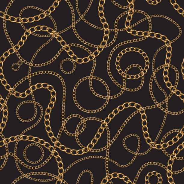 goldene ketten nahtlose muster auf schwarzem hintergrund. barocke seide textildruck, batik mode ornament, tapete, packpapier - necklace chain gold jewelry stock-grafiken, -clipart, -cartoons und -symbole