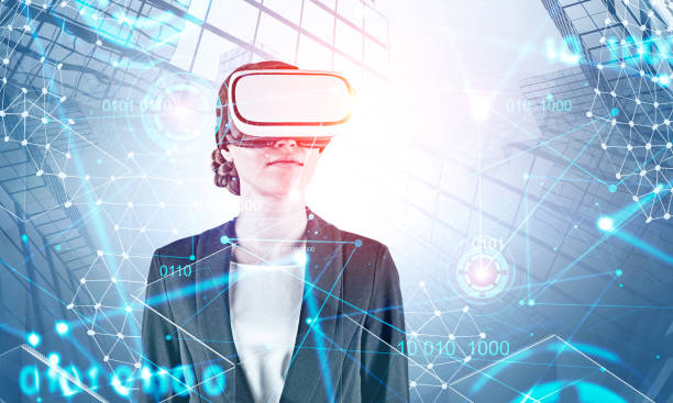 istock Woman in VR glasses and network HUD interface 1165513861