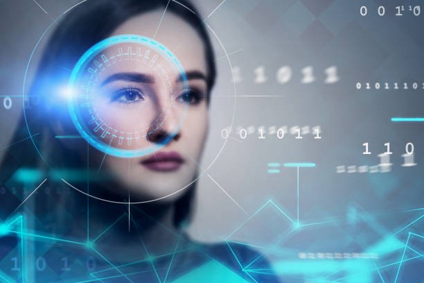istock Young woman face recognition technology, HUD 1165514004